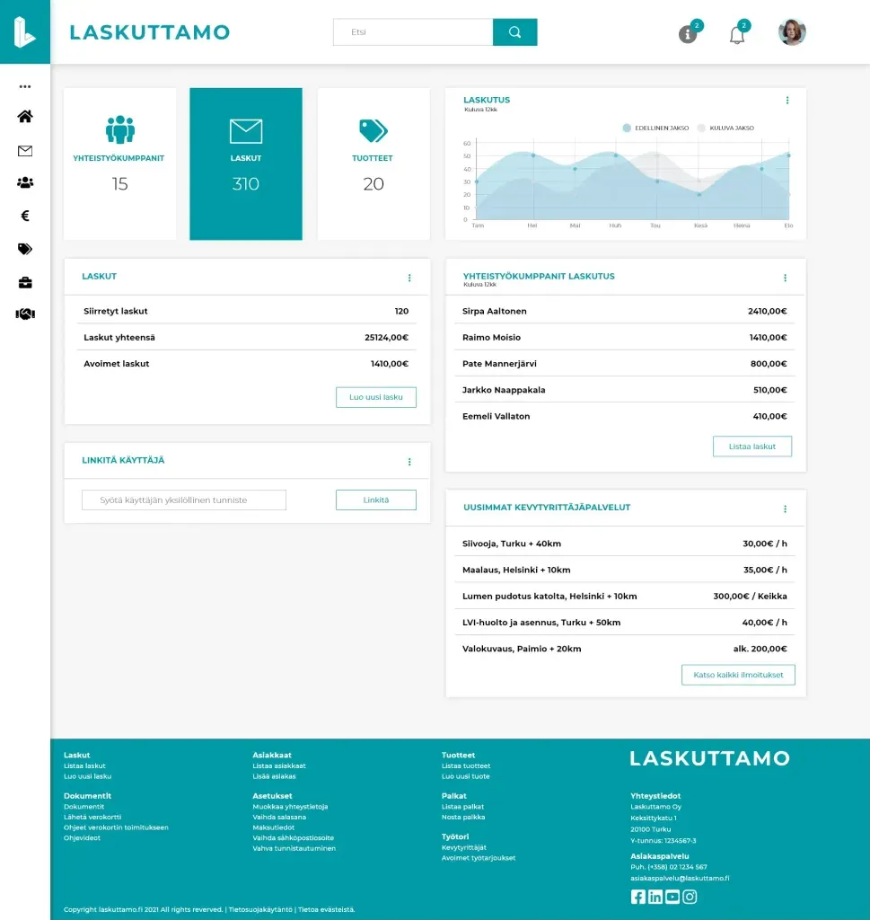 Laskuttamo company portal front page with key figures and invoice lists