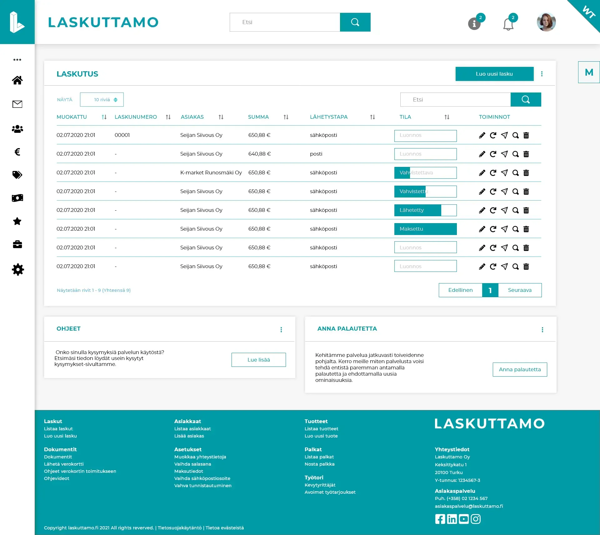 Laskuttamo billing view: an invoice table with statuses and actions