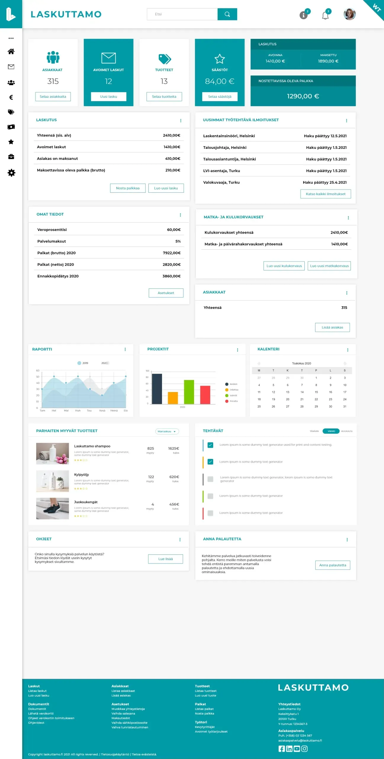 Laskuttamo extranet front page with dashboards for customers, invoices, products and savings