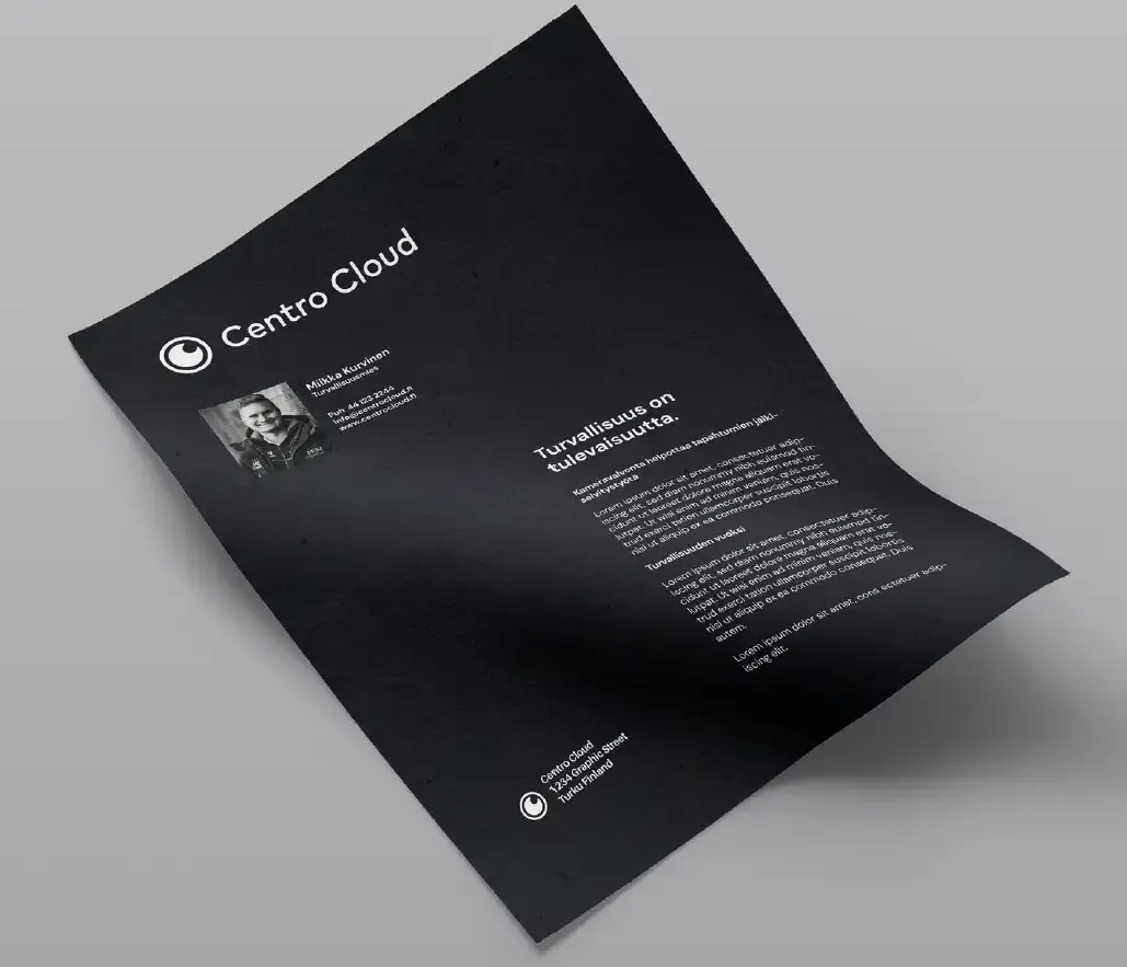 Black Centro Cloud letterhead with the logo, a portrait and contact details