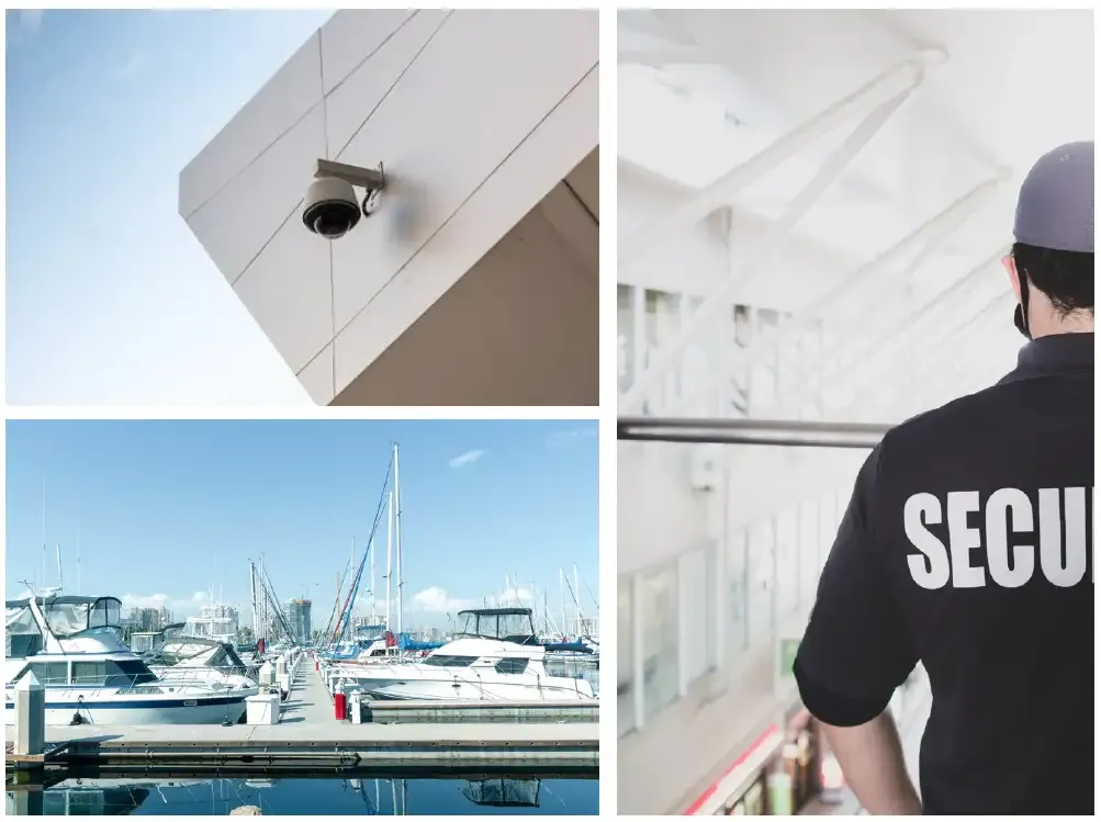 Photo collage of a security camera on a white building, a marina with boats and a security guard