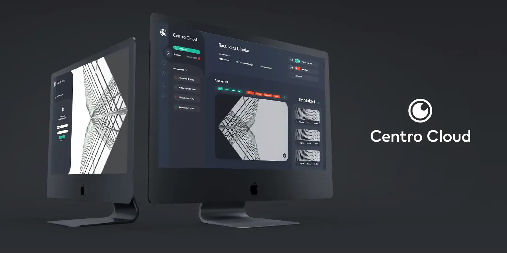 Centro Cloud’s dark management dashboard shown on two desktop monitors next to the Centro Cloud logo