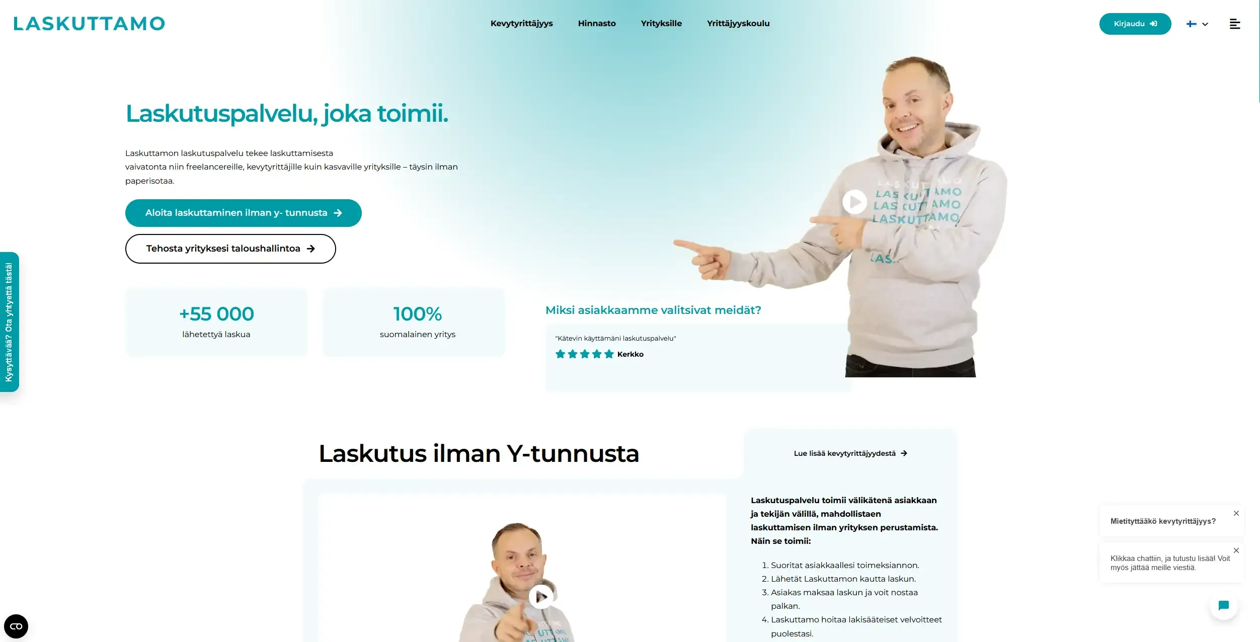 Laskuttamo’s invoicing service website with a smiling presenter pointing at the headline
